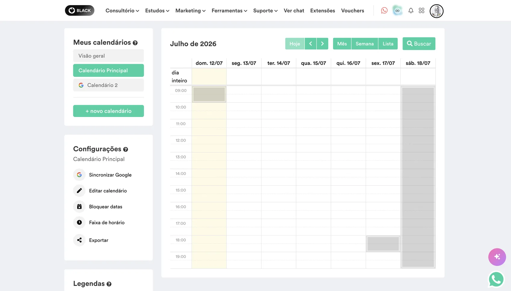 Agenda da semana no WebDiet, com as consultas marcadas por horário.