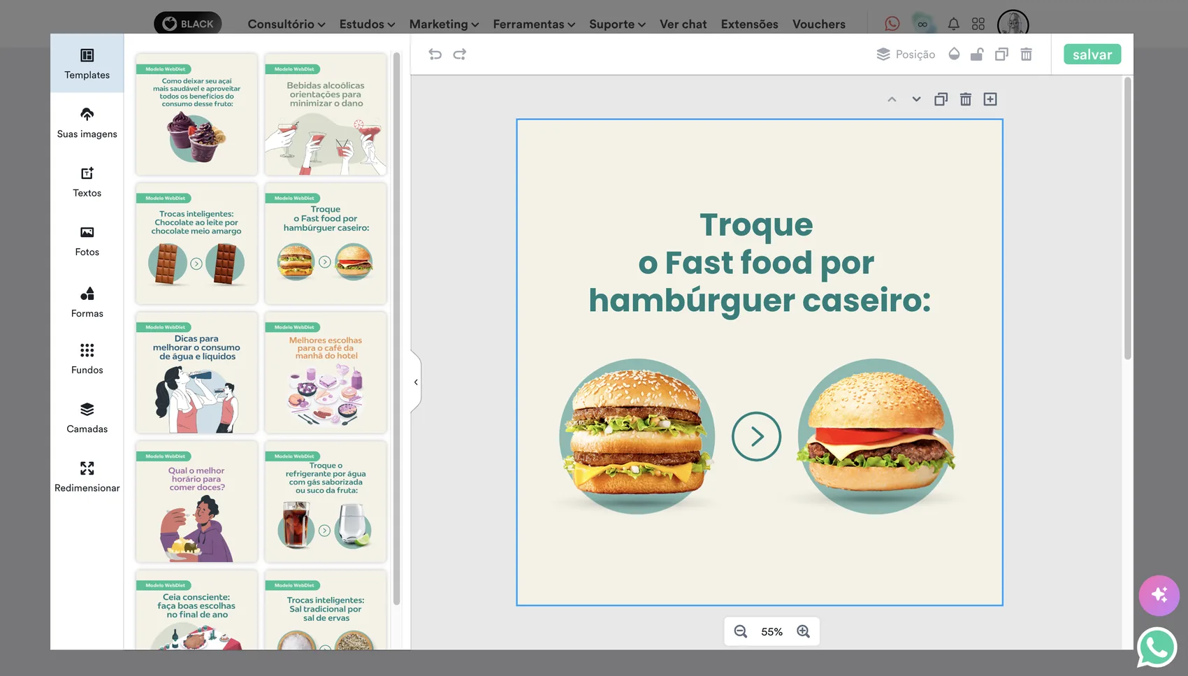 Editor Canvas com um material educativo em edição.